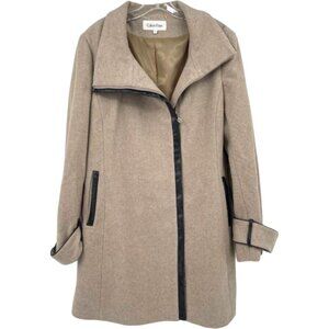 Calvin Klein Side Zip Funnel Neck Wool Coat Beige Size 12